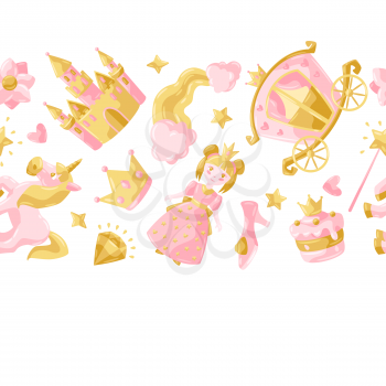 Princess party items seamless pattern. Fairy kingdom and magic world background. Decoration for children celebration.