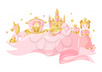 Princess party items background. Fairy kingdom and magic world illustration. Decoration for children celebration.
