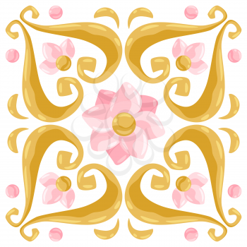 Ceramic tile pattern with lotus. Stylized image of water lily in pink and gold.