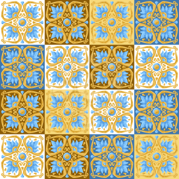 Ceramic tile pattern with flowers. Stylized image of water lily in pink and gold.