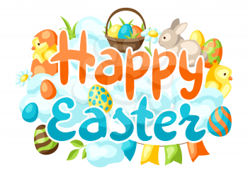 Happy Easter greeting card with holiday items. Decorative symbols and objects.