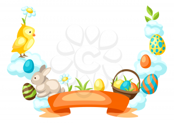 Happy Easter frame with holiday items. Decorative symbols and objects.