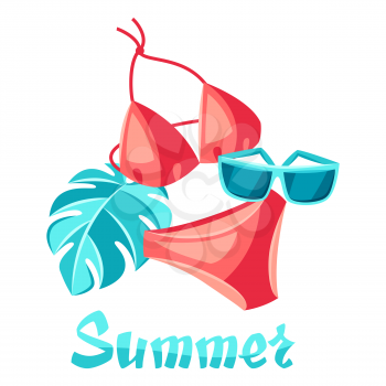Background with beachwear and swimwear. Summer clothes and accessories. Seasonal sale or fashion illustration for advertising.