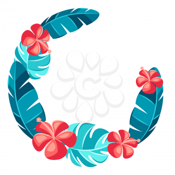 Decorative element with hibiscus flowers and palm leaves. Tropical floral frame.