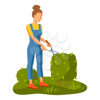 Illustration of young girl cuting bush. Season gardening image.
