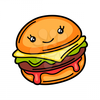 Kawaii illustration of burger. Cute funny character for fast food.