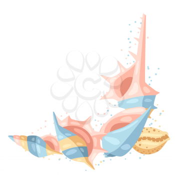 Corner with seashells. Tropical underwater mollusk shells decorative illustration.