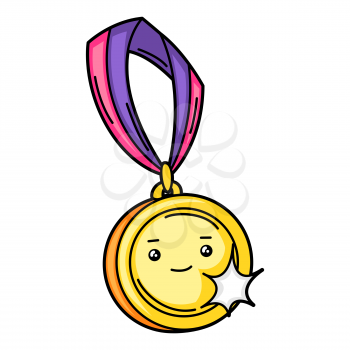 Kawaii illustration of gold medal on ribbon. Cute funny sport characters.