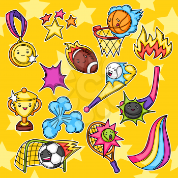 Set of kawaii sport items. Cute funny characters. Illustration for competition and tournament.