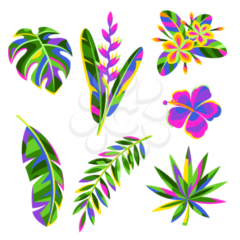 Set of tropical flowers and palm leaves. Summer exotic floral decorative background.