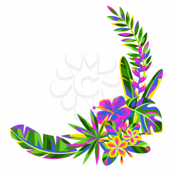 Decorative element with tropical flowers and palm leaves. Summer exotic floral frame.