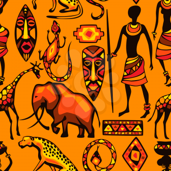 African ethnic seamless pattern. People, animals and masks of Africa.