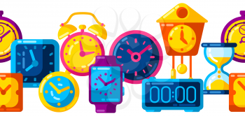 Seamless pattern with different clocks. Stylized icons and objects for design and applications.