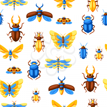 Seamless pattern with insects. Stylized decorative butterflies, beetles and dragonflies.