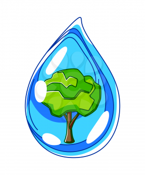 Illustration of water drop and green tree. Ecology concept or image for environment protection.
