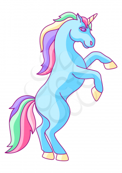 Fantasy pretty unicorn with colorful mane. Fairytale fun creature illustration.