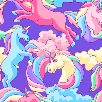 Seamless pattern with unicorns, clouds and rainbows. Fairytale cartoon children illustration.