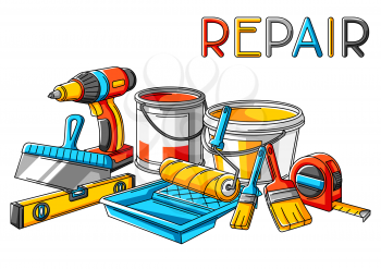 Background with repair working tools. Equipment for construction industry and business.