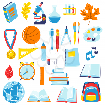 School and education items. Set of colorful supplies and stationery.
