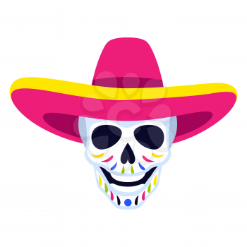 Traditional Mexican head skull. Dia de los muertos. Day of the Dead symbol with decoration and sombrero.