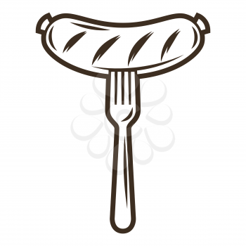 Illustration of fried sausage on fork. Object in engraving hand drawn style. Old decorative element for beer festival or Oktoberfest.