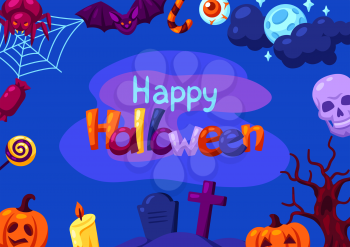Happy Halloween greeting card with celebration items. Illustration or background for holiday and party.