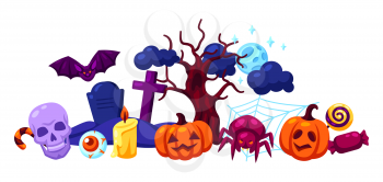 Happy Halloween greeting card with celebration items. Illustration or background for holiday and party.