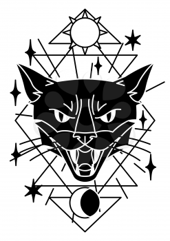Magic illustration with cat. Mystic, alchemy, spirituality and tattoo art. Isolated vector print. Black and white magical simbol.