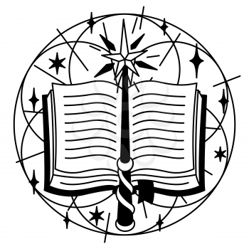 Illustration with spell book and magic wand. Mystic, alchemy, spirituality and tattoo art. Isolated vector print. Black and white magical simbol.