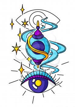 Magic amulet and all-seeing eye. Mystic, alchemy, spirituality and tattoo art. Isolated vector print. Cartoon magical background.