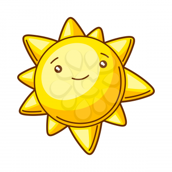 Illustration of cute kawaii sun. Funny seasonal child illustration. Cartoon stylized character.
