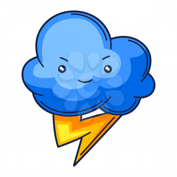 Illustration of cute kawaii cloud with lightning. Funny seasonal child illustration. Cartoon stylized character.
