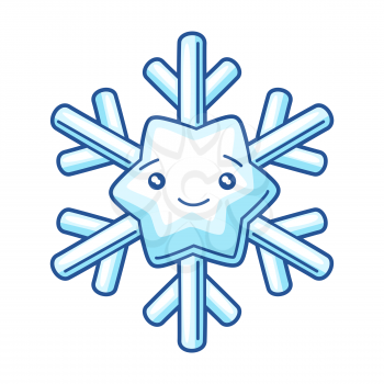 Illustration of cute kawaii snowflake. Funny seasonal child illustration. Cartoon stylized character.