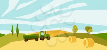 Illustration of harvested agricultural field. Autumn landscape with trees and hills. Seasonal nature background.