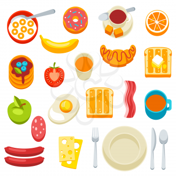 Healthy breakfast icons set. Various tasty food and drinks. Illustration for cafes, restaurants and hotels.