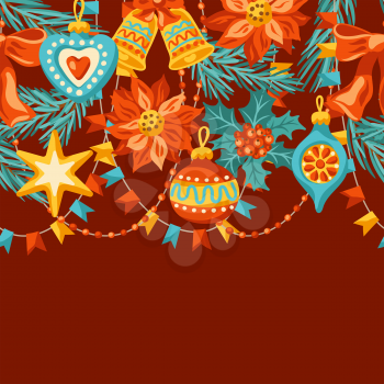 Merry Christmas seamless pattern. Holiday background in vintage style. Happy New Year celebration.