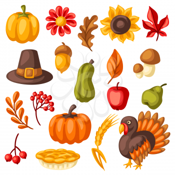 Set of Happy Thanksgiving Day items. Holiday objects and icons. Celebration traditional symbols.
