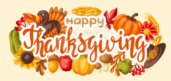 Happy Thanksgiving Day background. Design with holiday objects. Celebration traditional symbols.