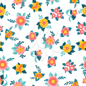 Seamless pattern with pretty flowers. Beautiful decorative natural plants, buds and leaves.