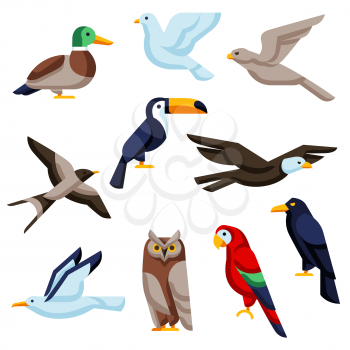 Set of stylized birds. Image of wild birds in simple style. Vector icons.