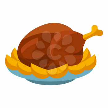 Illustration of turkey on platter. Food item for bars, restaurants and shops. Icon or promotional image.