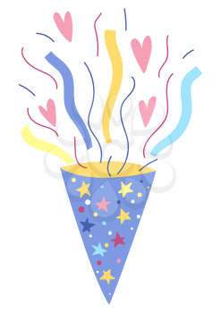 Illustration of Happy Birthday firecracker with streamers. Party invitation. Celebration or holiday item.