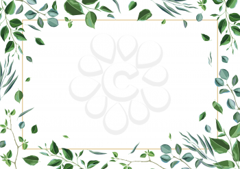 Frame with branches and green leaves. Spring or summer stylized foliage. Seasonal illustration.