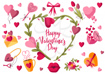 Happy Valentine Day greeting card. Holiday background with romantic items and love symbols.