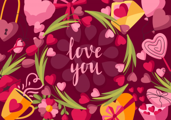 Happy Valentine Day greeting card. Holiday background with romantic items and love symbols.