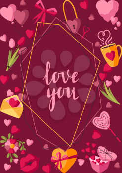 Happy Valentine Day frame. Holiday background with romantic items and love symbols.