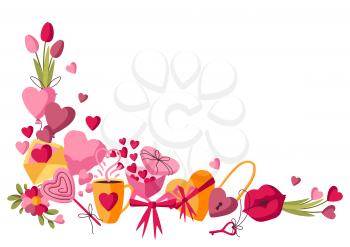 Happy Valentine Day decoration. Holiday background with romantic items and love symbols.