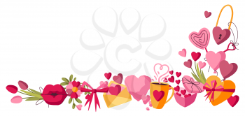Happy Valentine Day decoration. Holiday background with romantic items and love symbols.