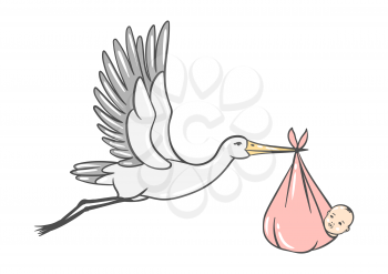 Illustration of stork carries newborn baby girl. Happy Birthday image. Holiday baby shower celebration simbol.