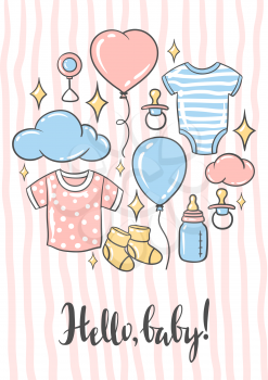 Happy Birthday greeting and invitation card. Holiday baby shower celebration simbols and items.